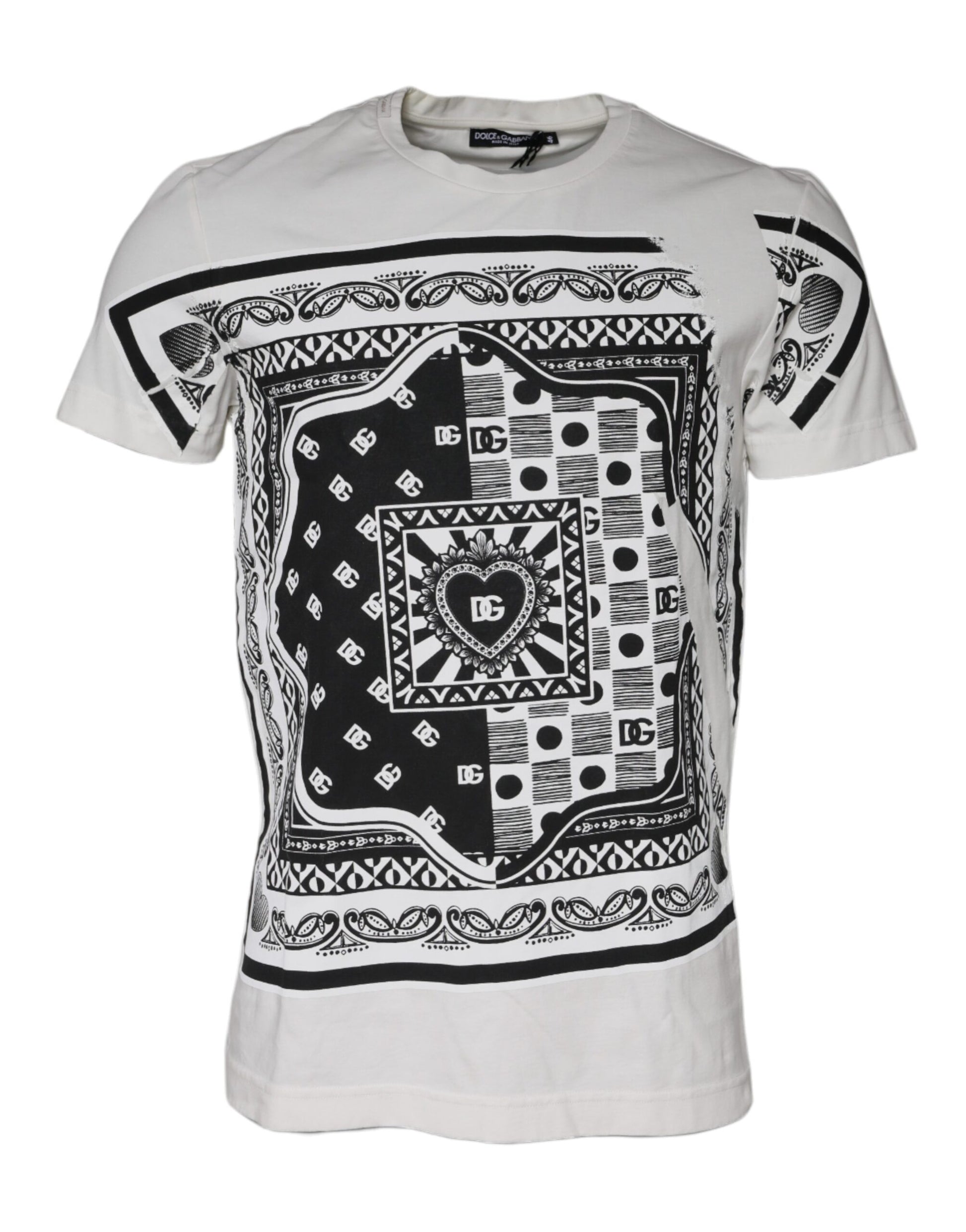 White t-shirt with black tribal design on front