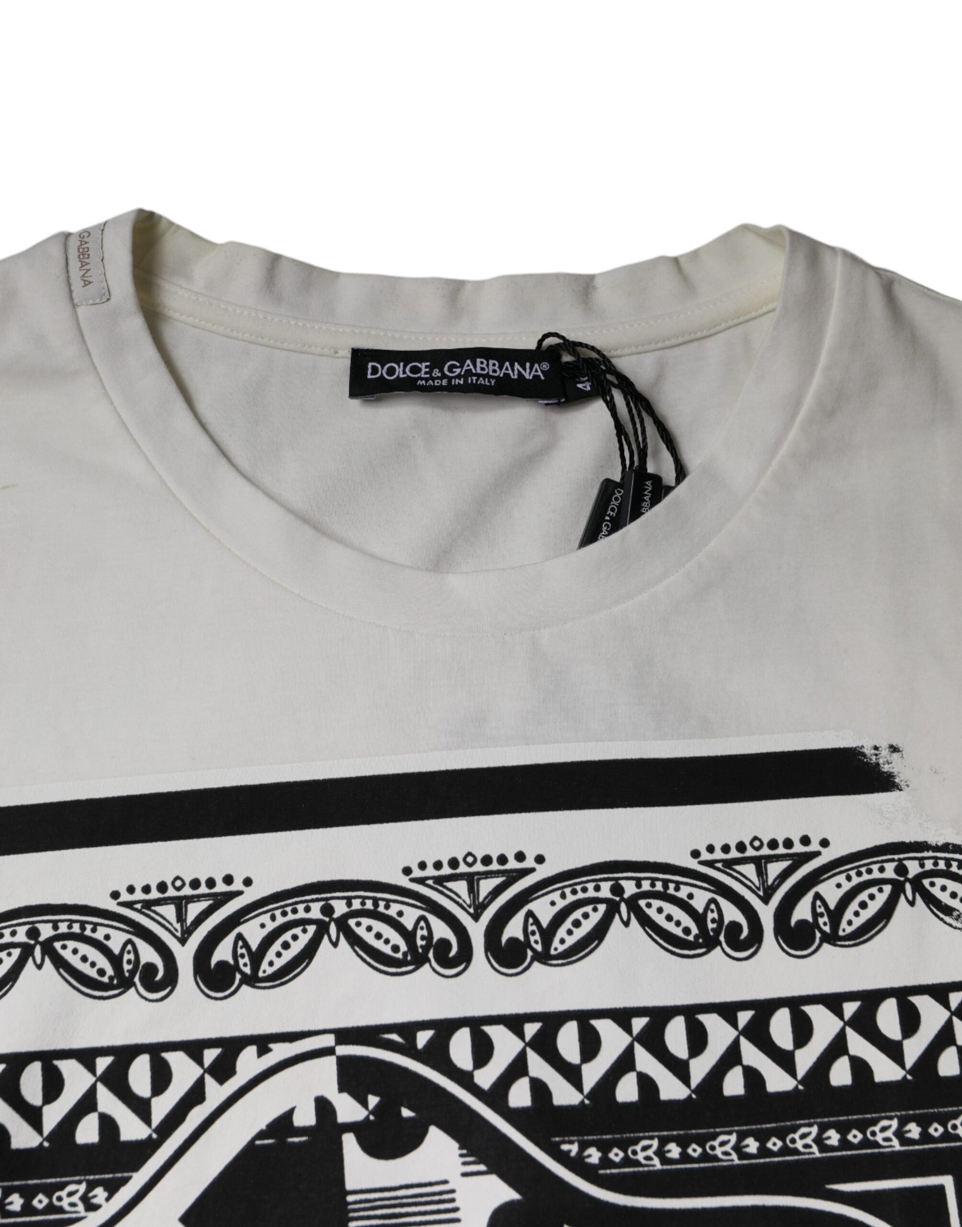 White t-shirt with black design on front