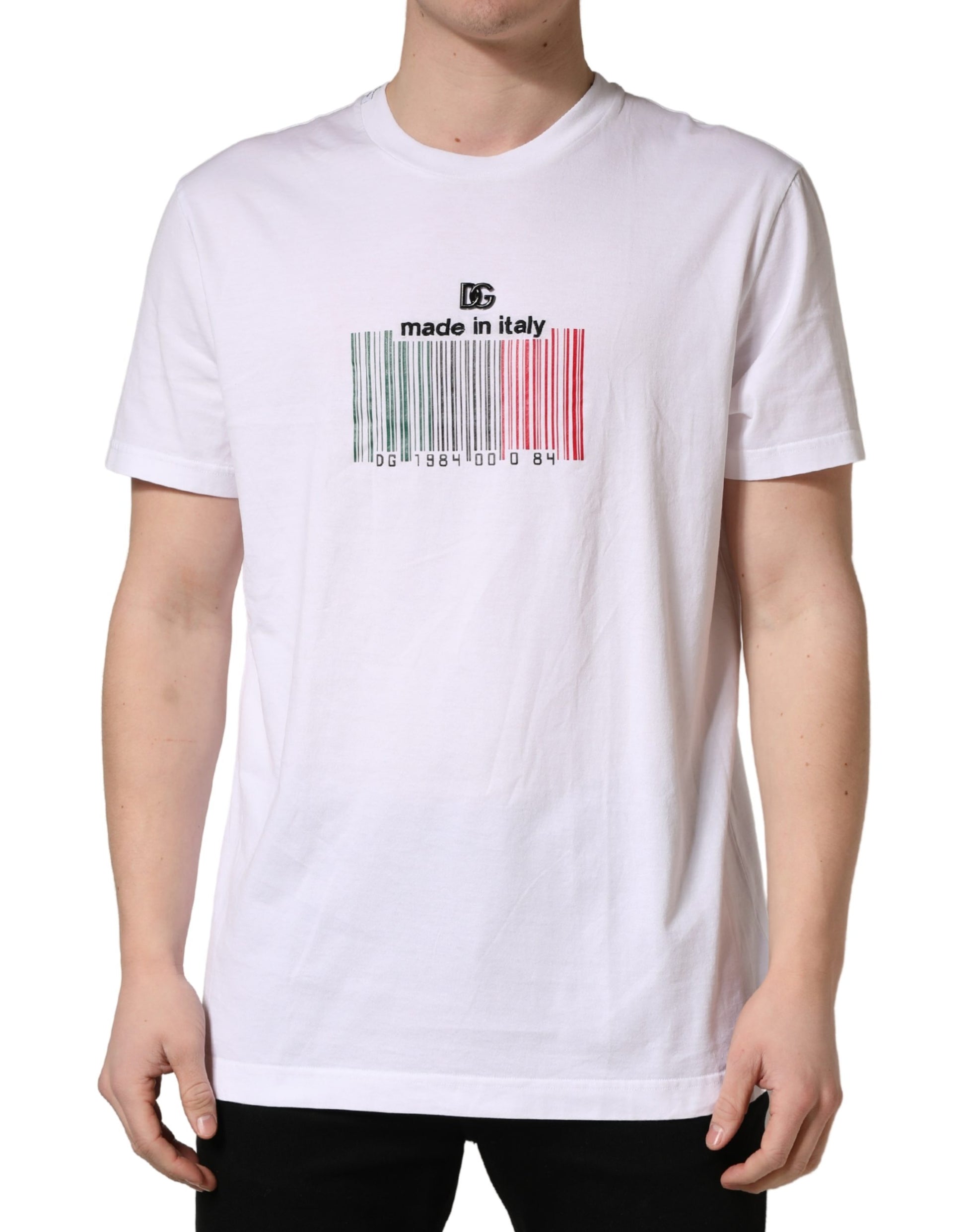 White t-shirt with graphic design on front