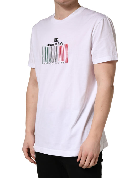 White t-shirt with red and blue design on front