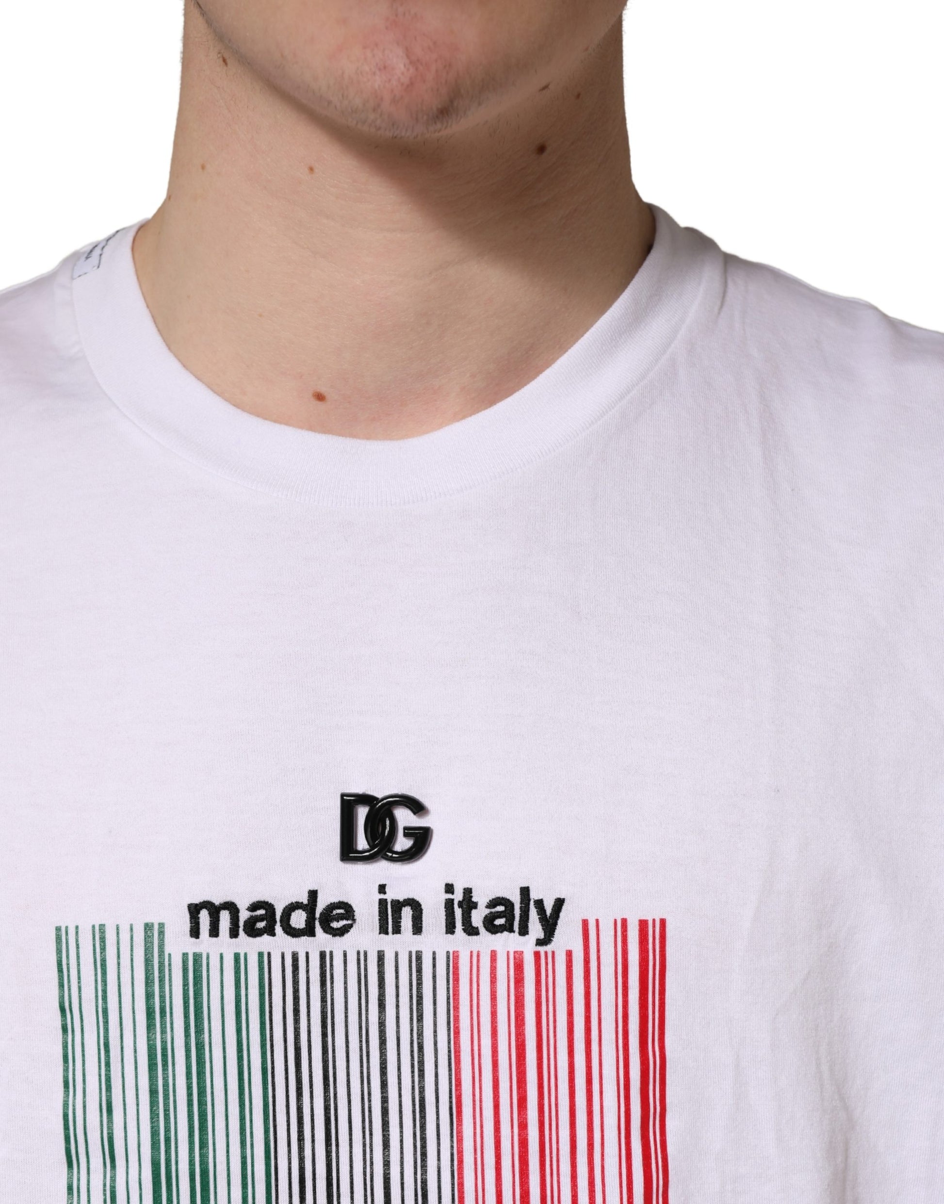 White t-shirt with barcode design reading "MADE IN ITALY"