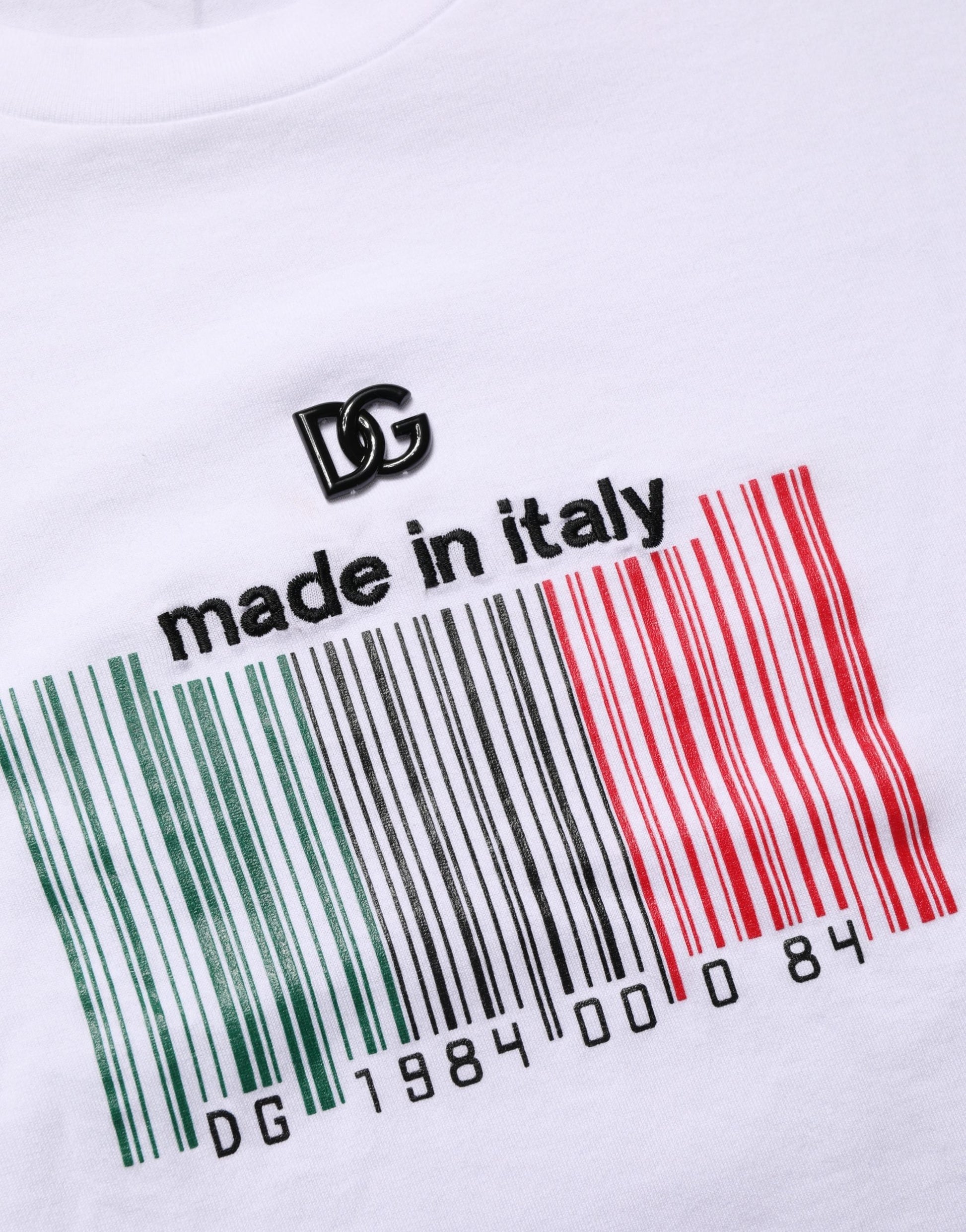White t-shirt with red barcode design
