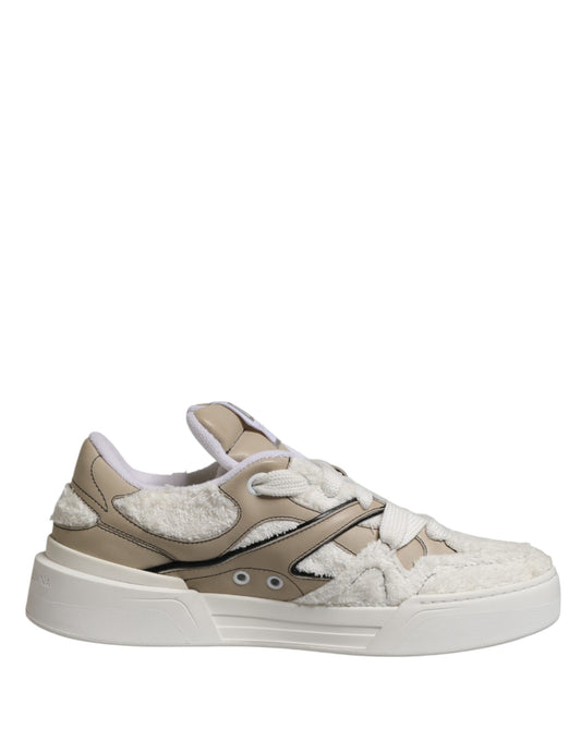 Tan and white sneakers with faux shearling trim, featuring a low top design