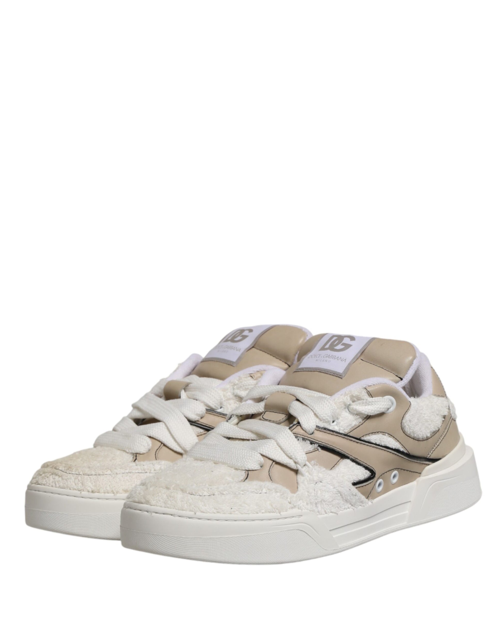 Tan and white sneakers with faux shearling trim, featuring a low top design