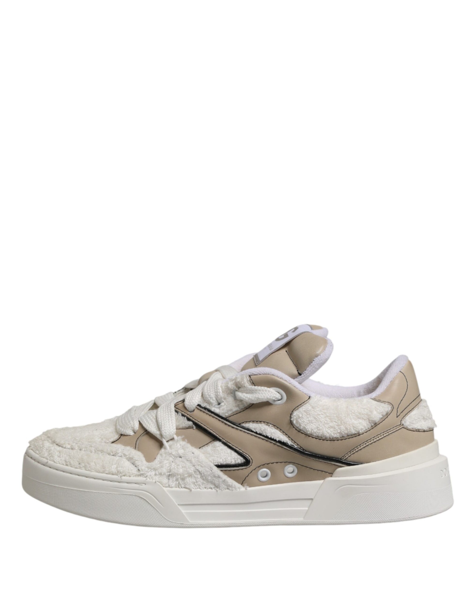 Tan and white faux shearling sneakers with laces, brand logo on side