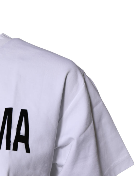 White t-shirt with black lettering