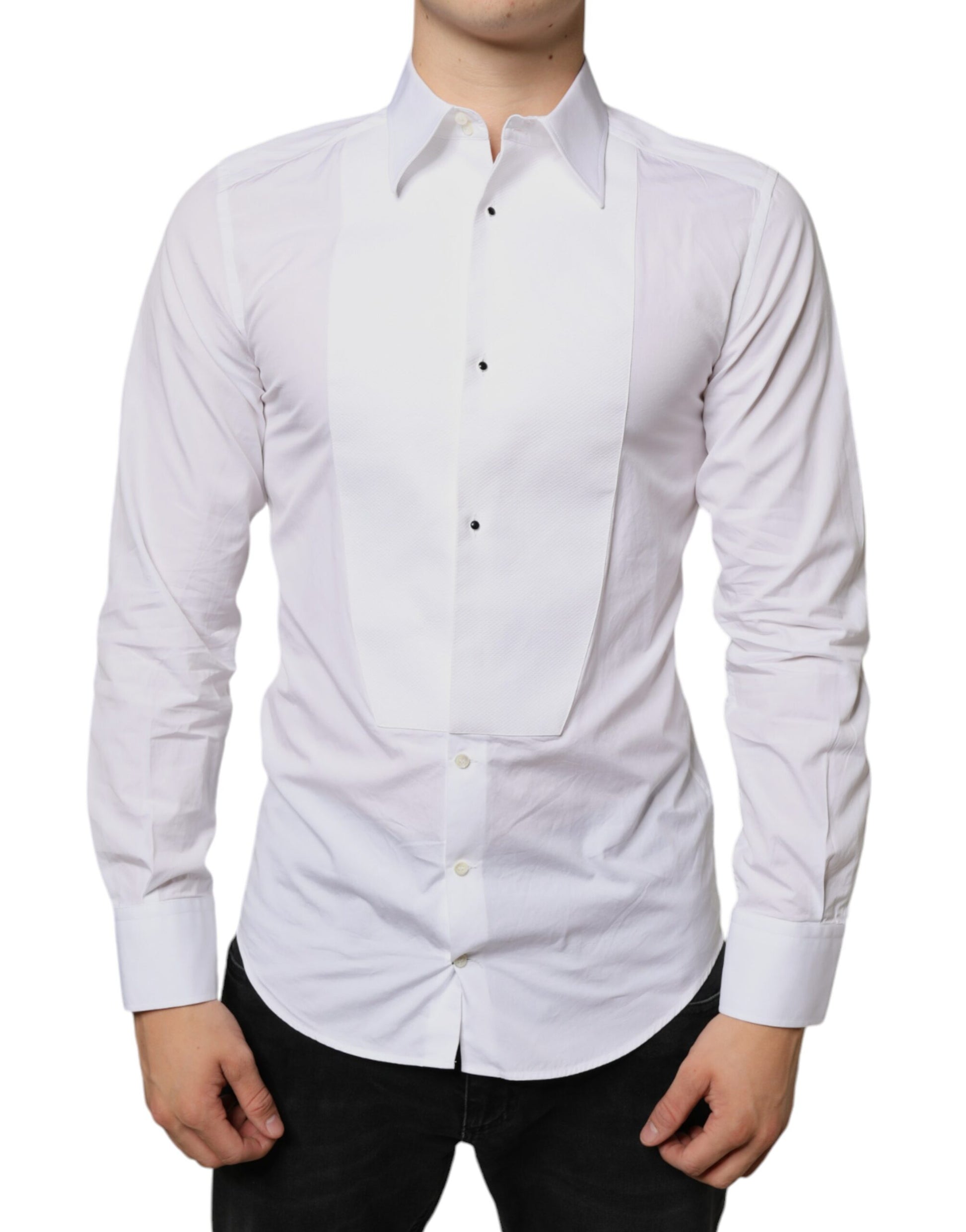 A white dress shirt with a collar, long sleeves and a button-up front