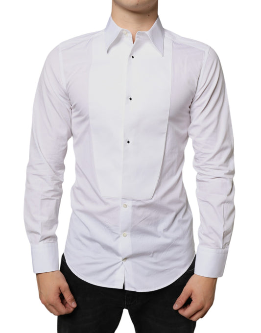 A white dress shirt with a collar, long sleeves and a button-up front