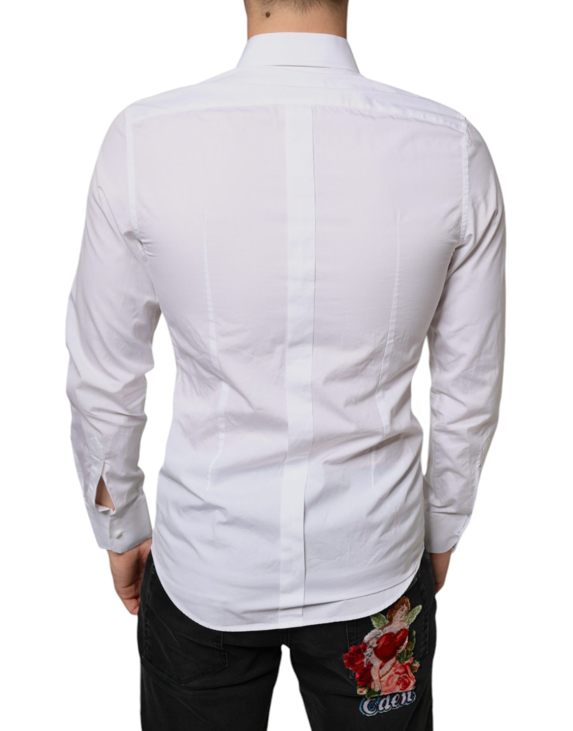 A white dress shirt with a collar, long sleeves and a button-up front