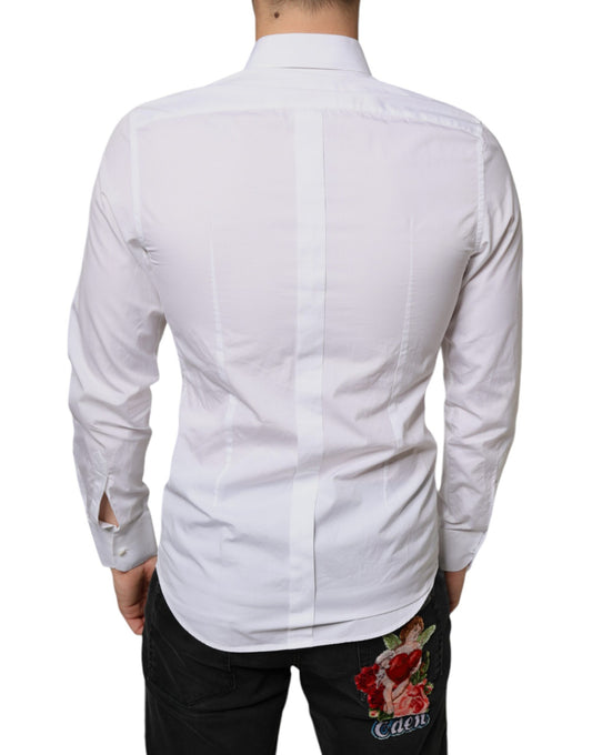 A white dress shirt with a collar, long sleeves and a button-up front
