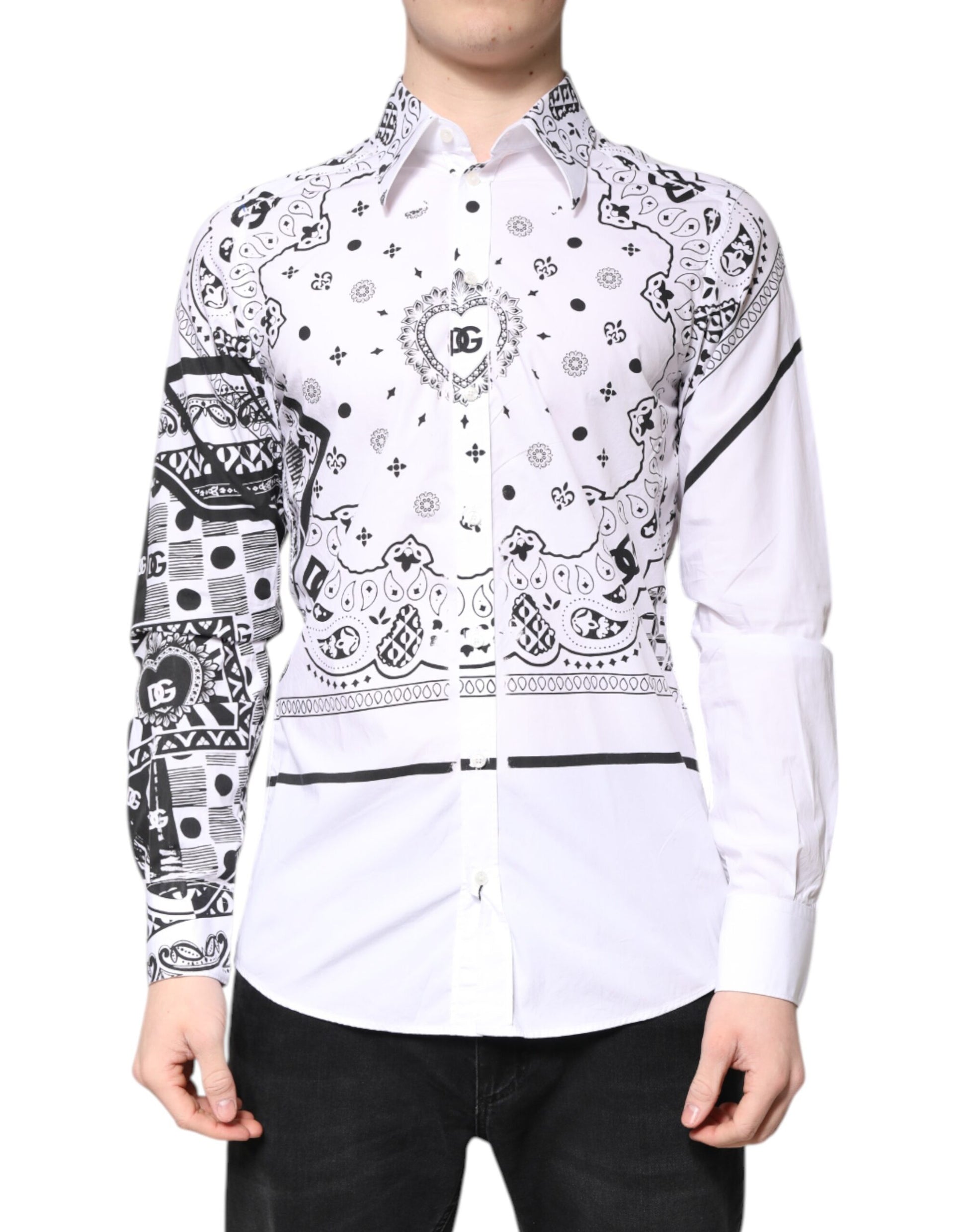 A white shirt with black bandana design on sleeves, featuring a distinctive pattern