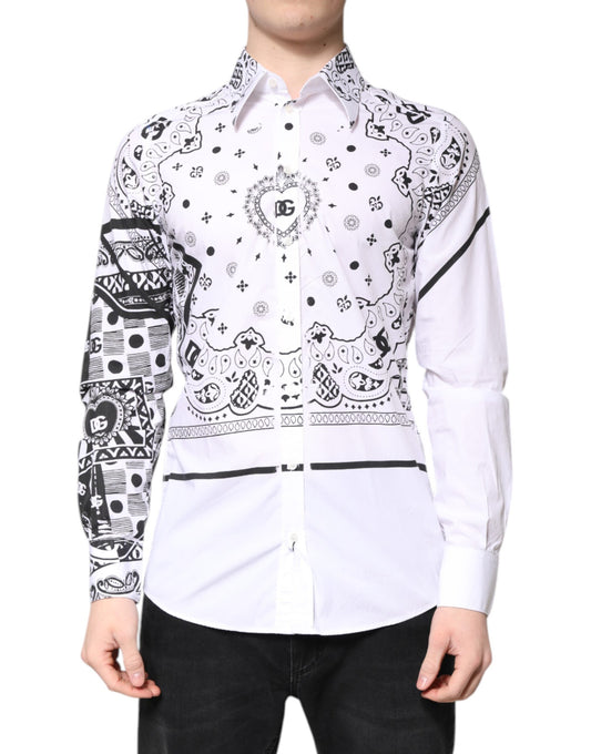 A white shirt with black bandana design on sleeves, featuring a distinctive pattern