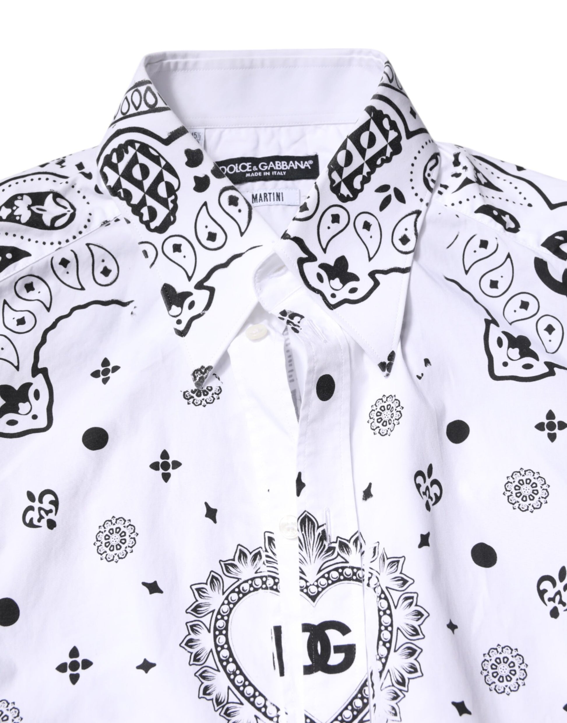 A white shirt with black bandana print, featuring a heart design on the chest
