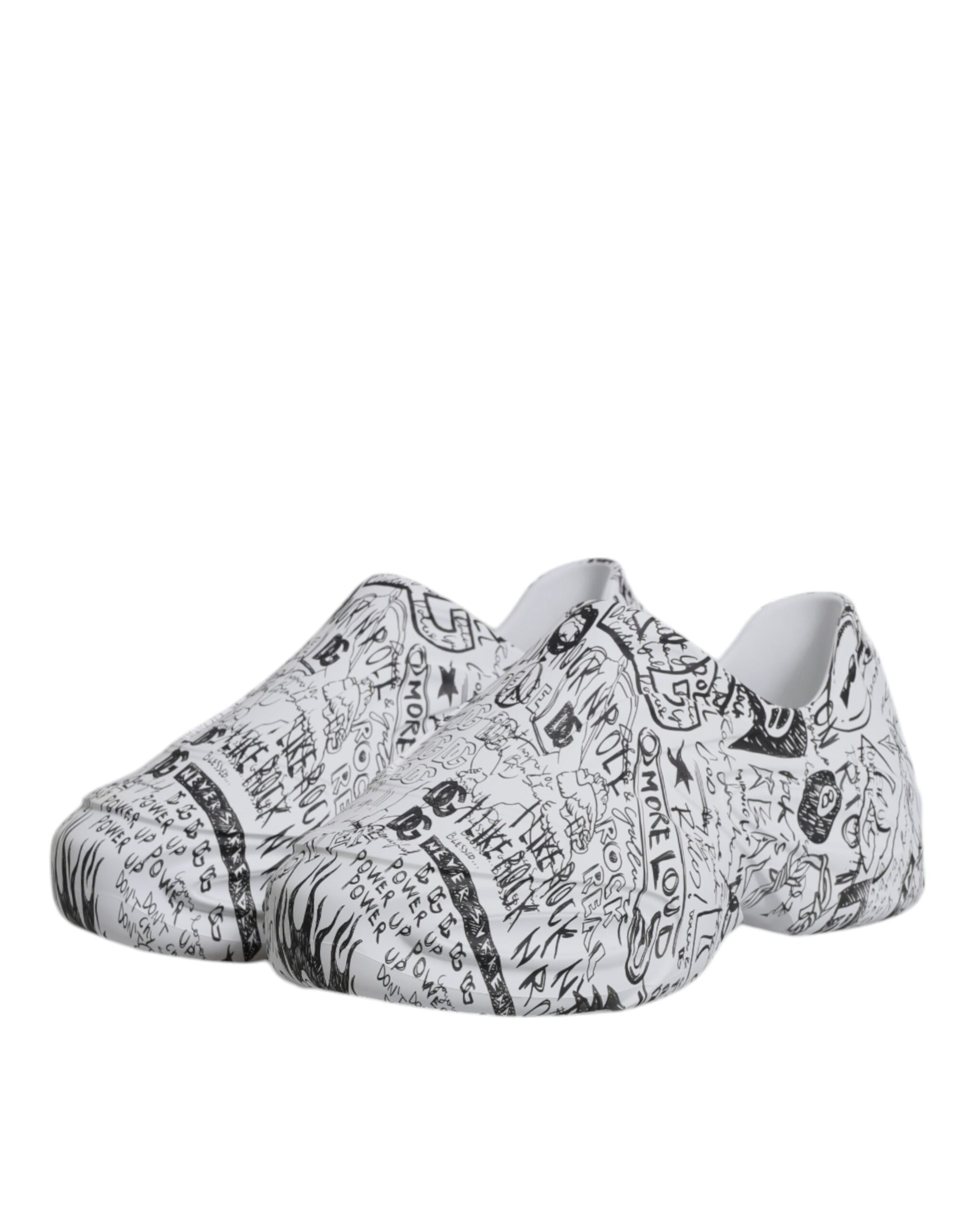 White black graffiti patterned sneakers with laces and a round toe