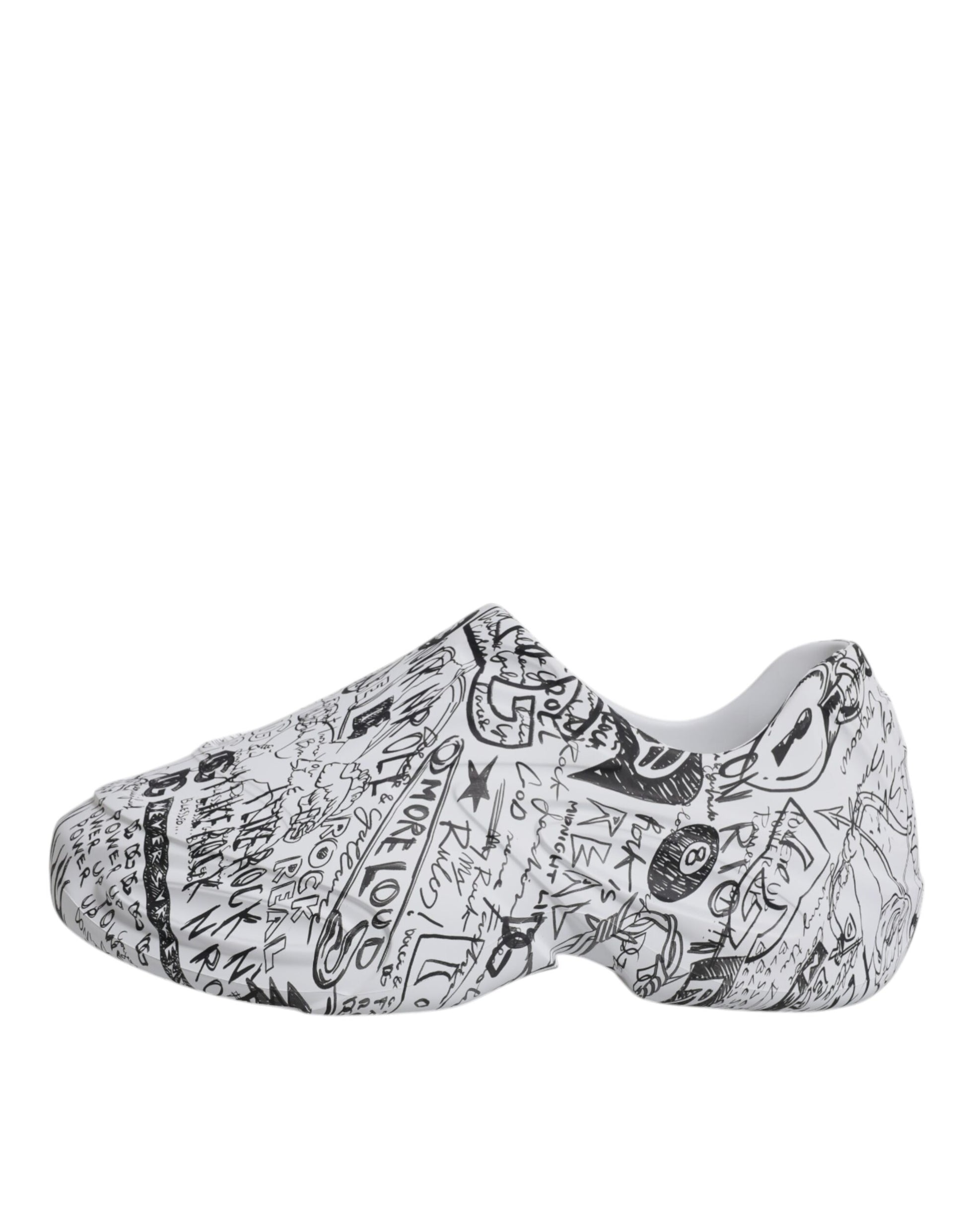 White black graffiti patterned sneakers with laces, featuring a unique design on the side