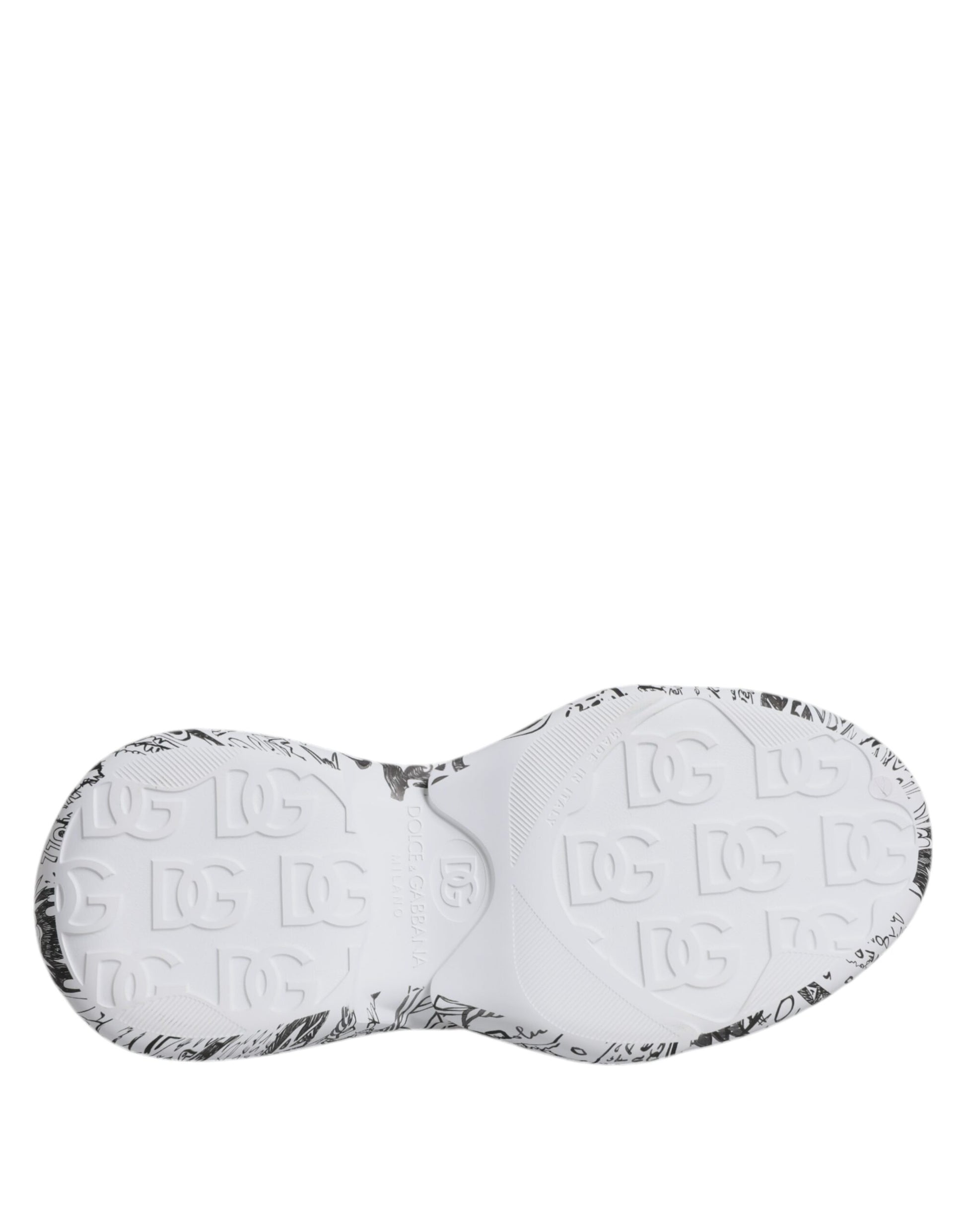A single white sneaker with black graffiti design and the text "D&G" on the side