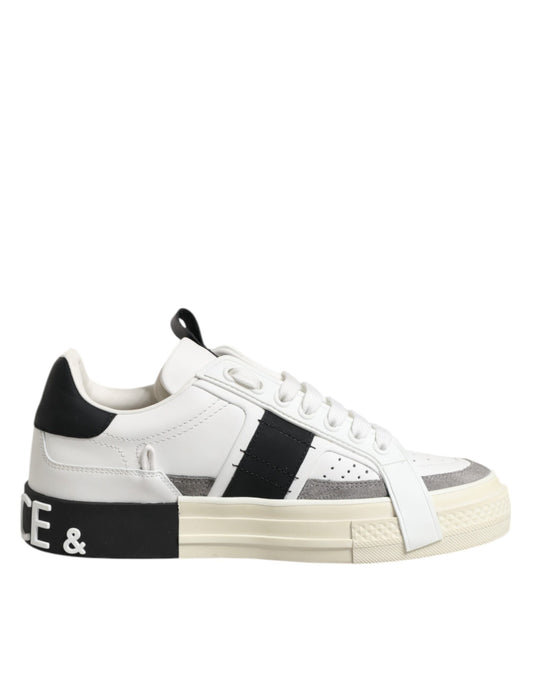 White sneaker with black stripe on side