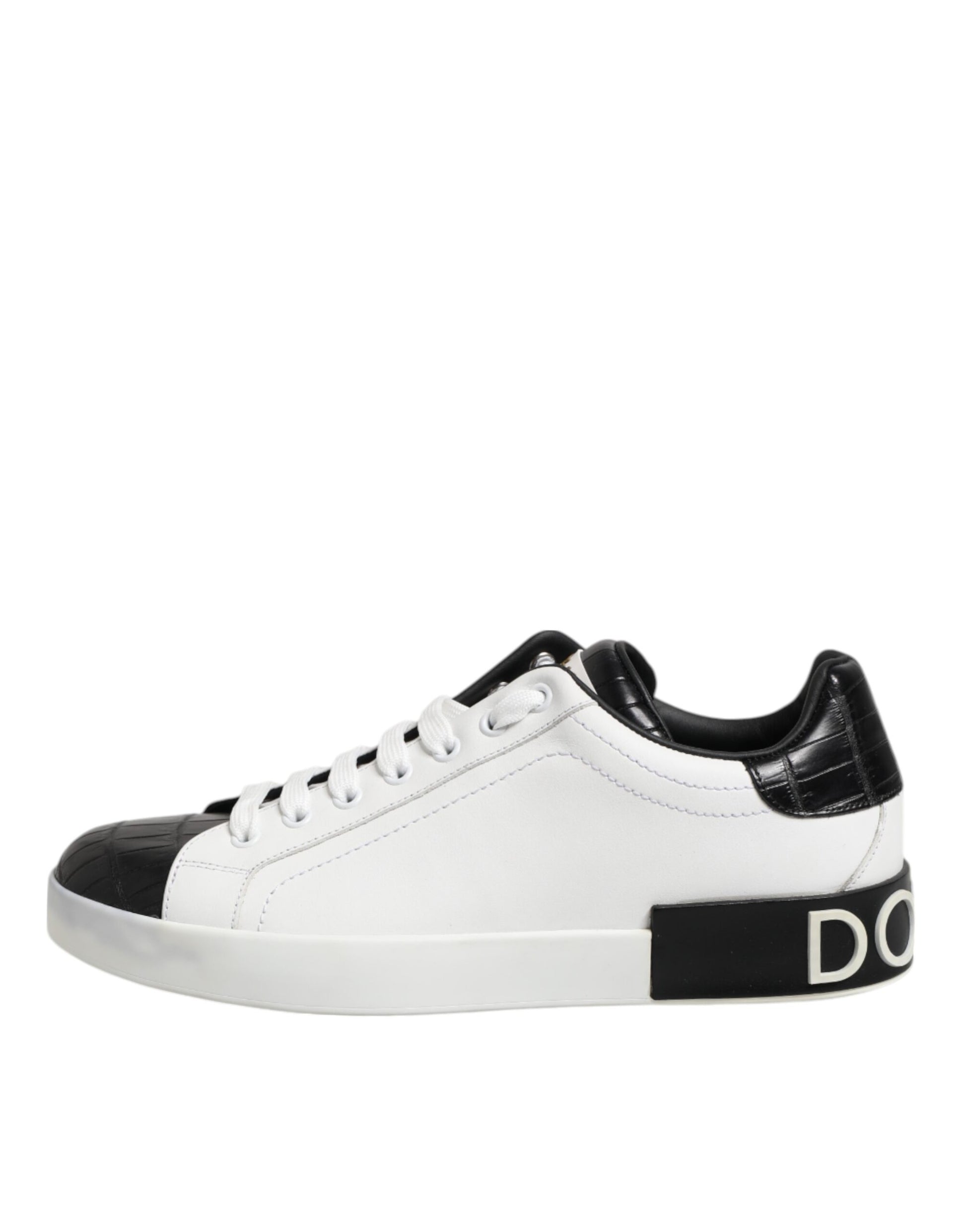 A pair of white black leather sneakers with a portofino design by Dolce & Gabbana