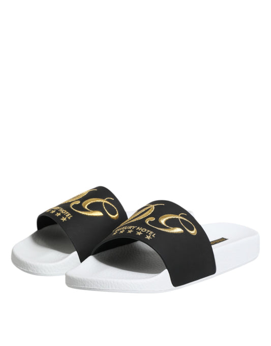 Pair of black and white flip flops with gold accents