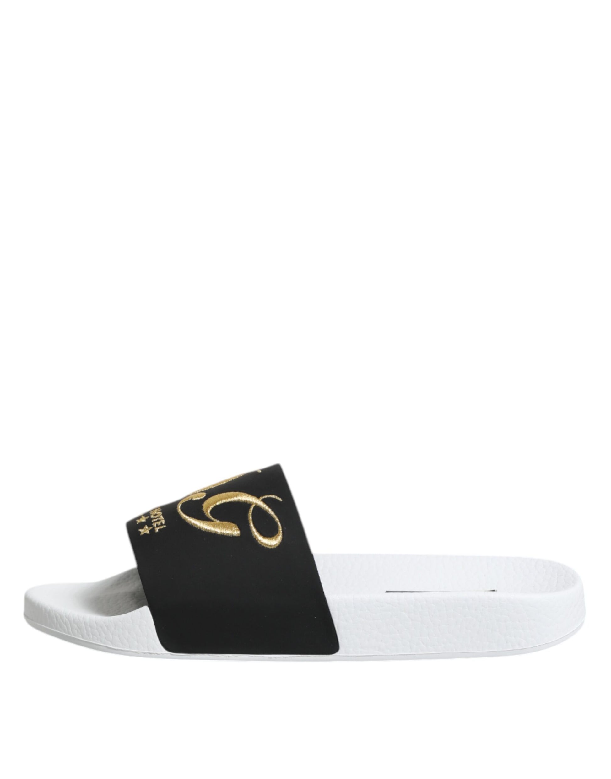 Black and white slide sandal with gold accents
