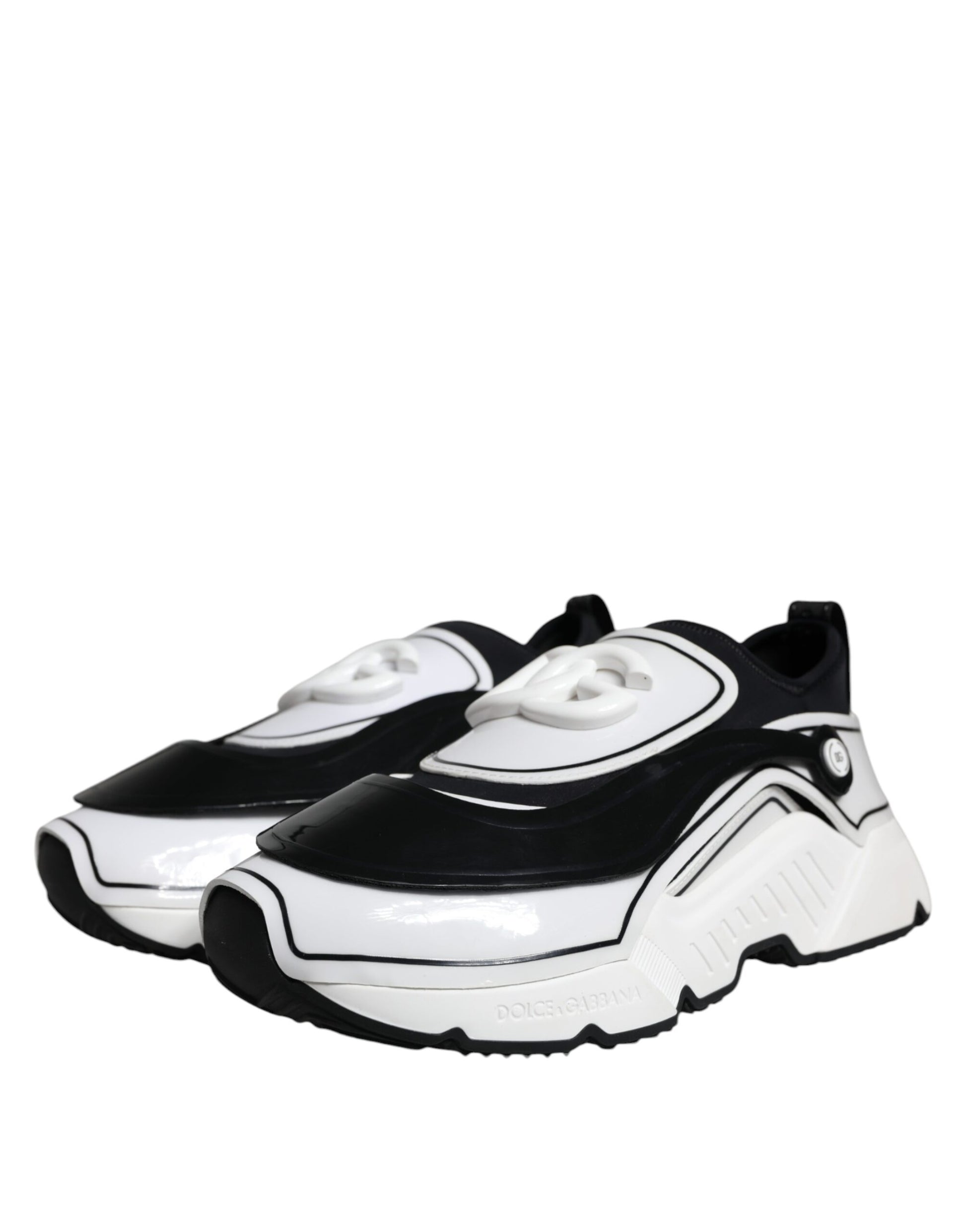 Pair of black and white sneakers with a white sole