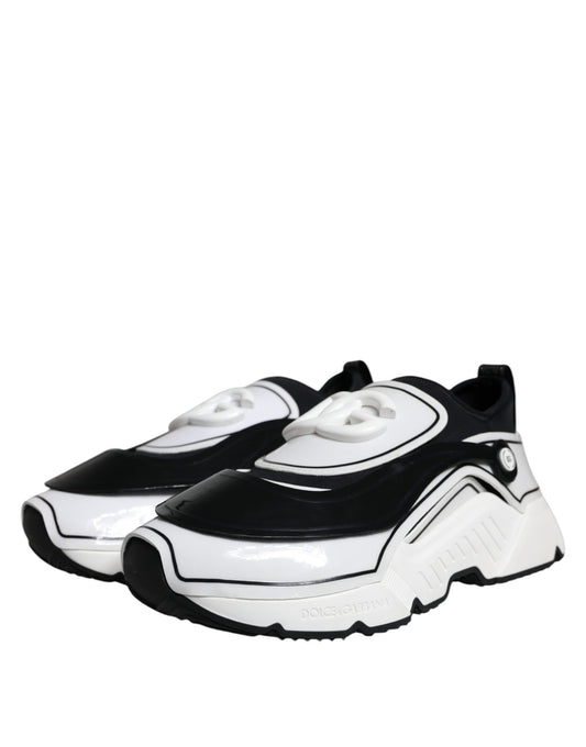 Pair of black and white sneakers with a white sole