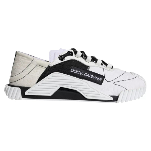 White sneaker with black laces and a logo on the side