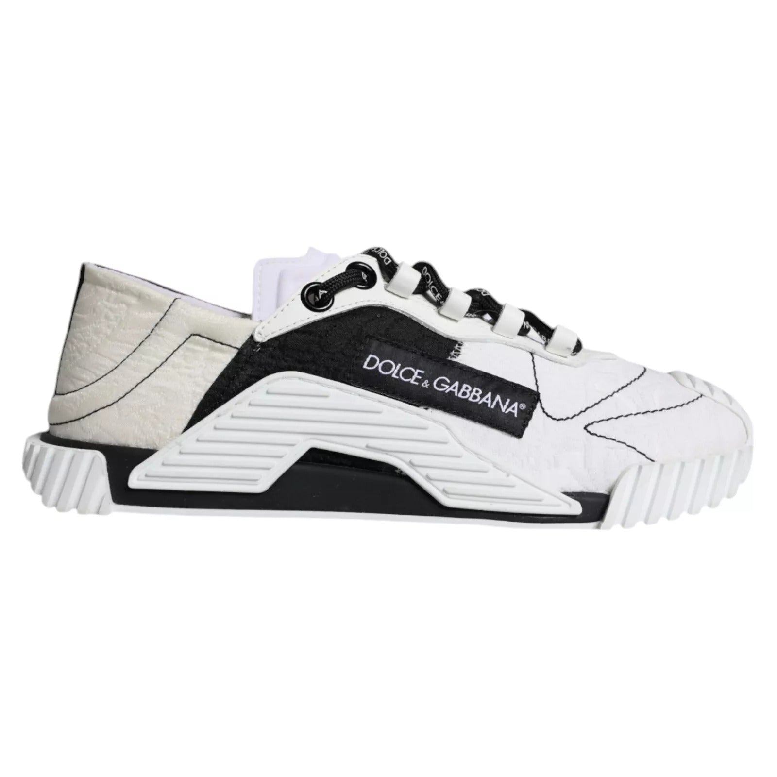 White sneaker with black laces and logo on side