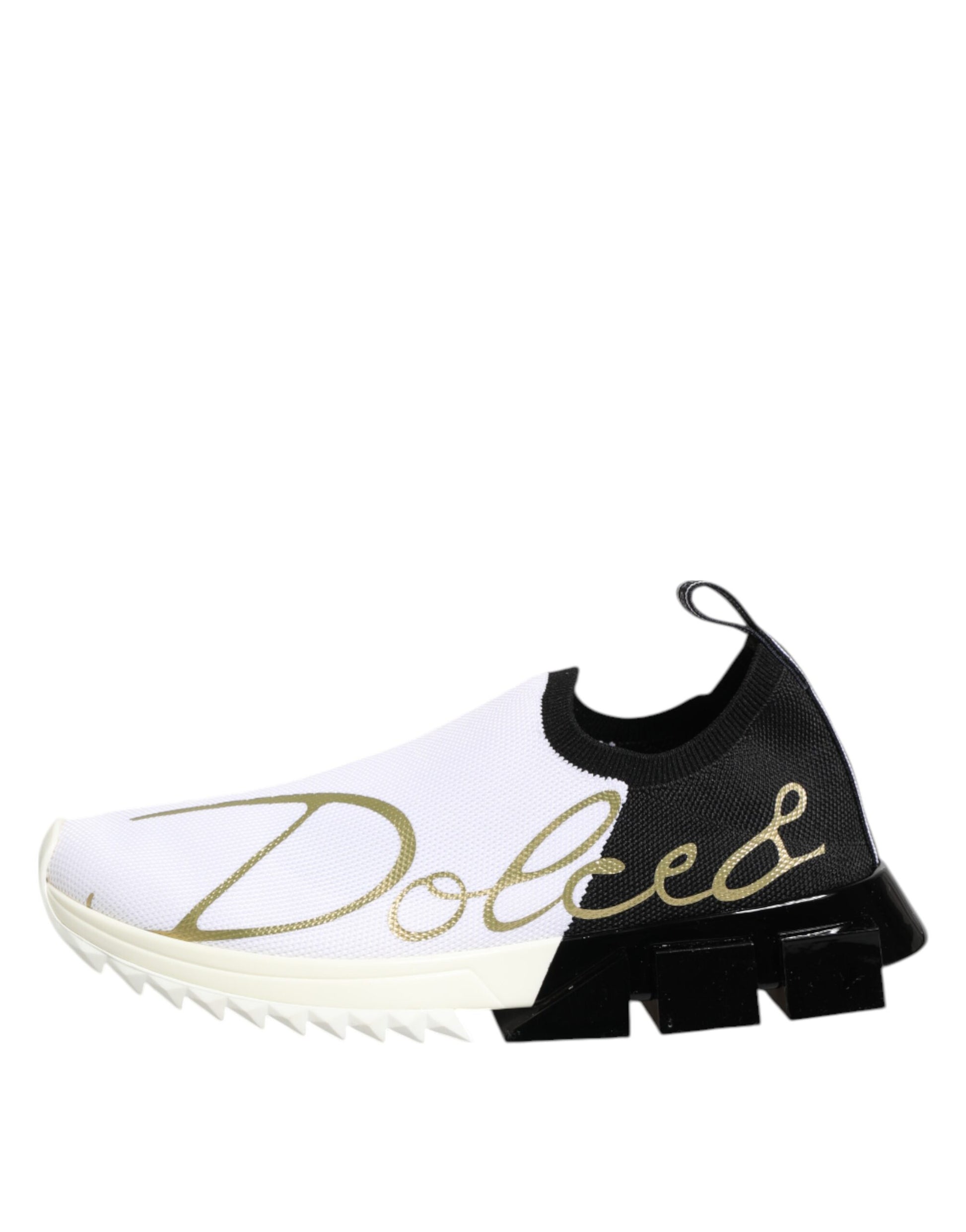 White sneaker with black sole and gold lettering