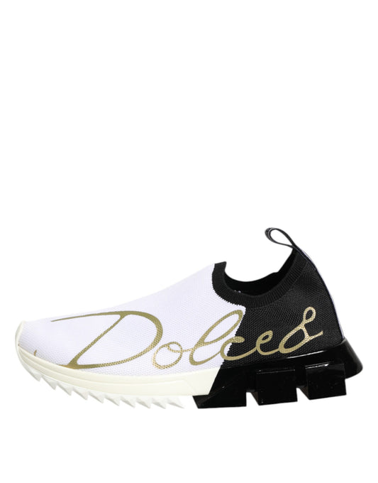 White sneaker with black sole and gold lettering
