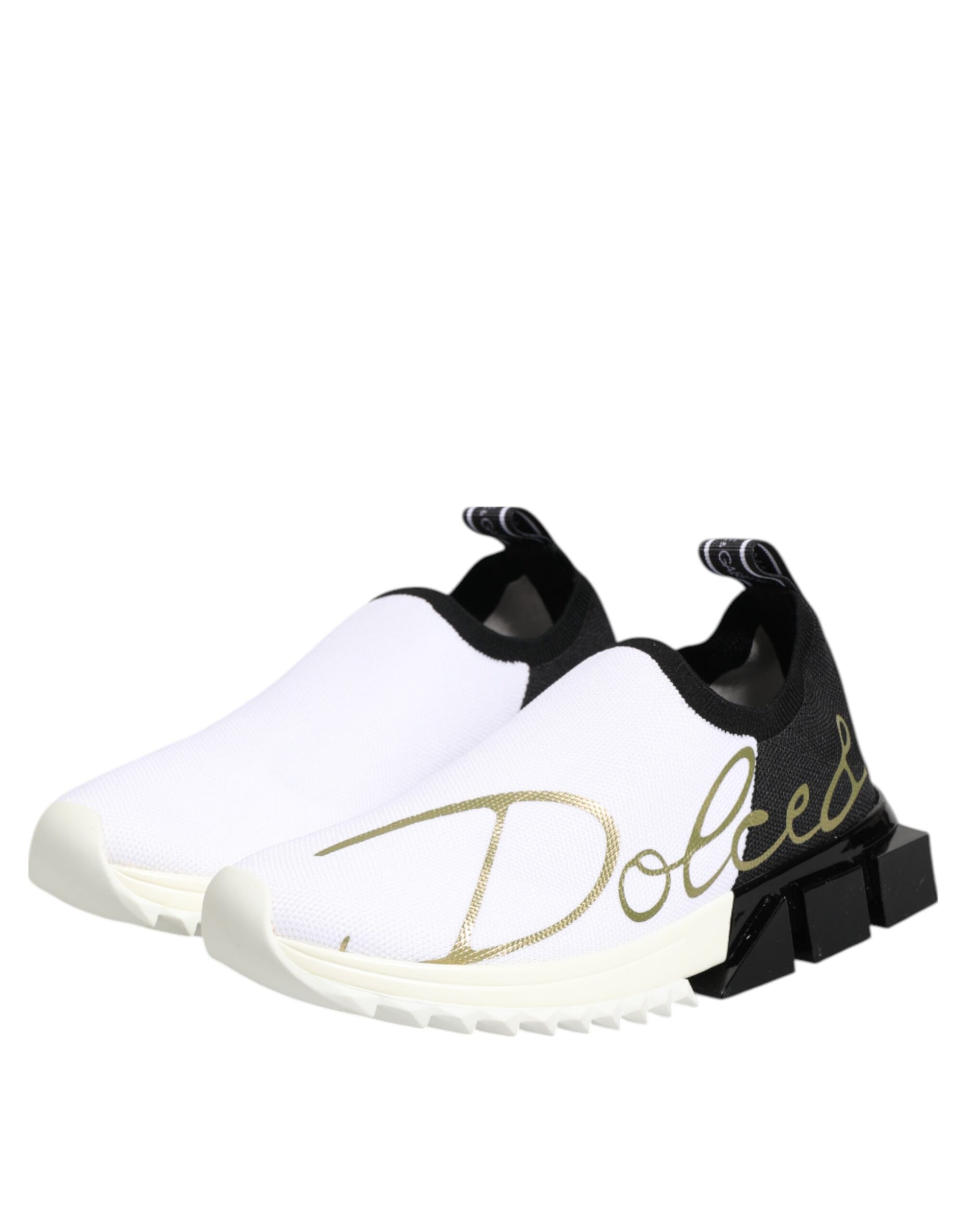 White sneaker with black laces and gold lettering