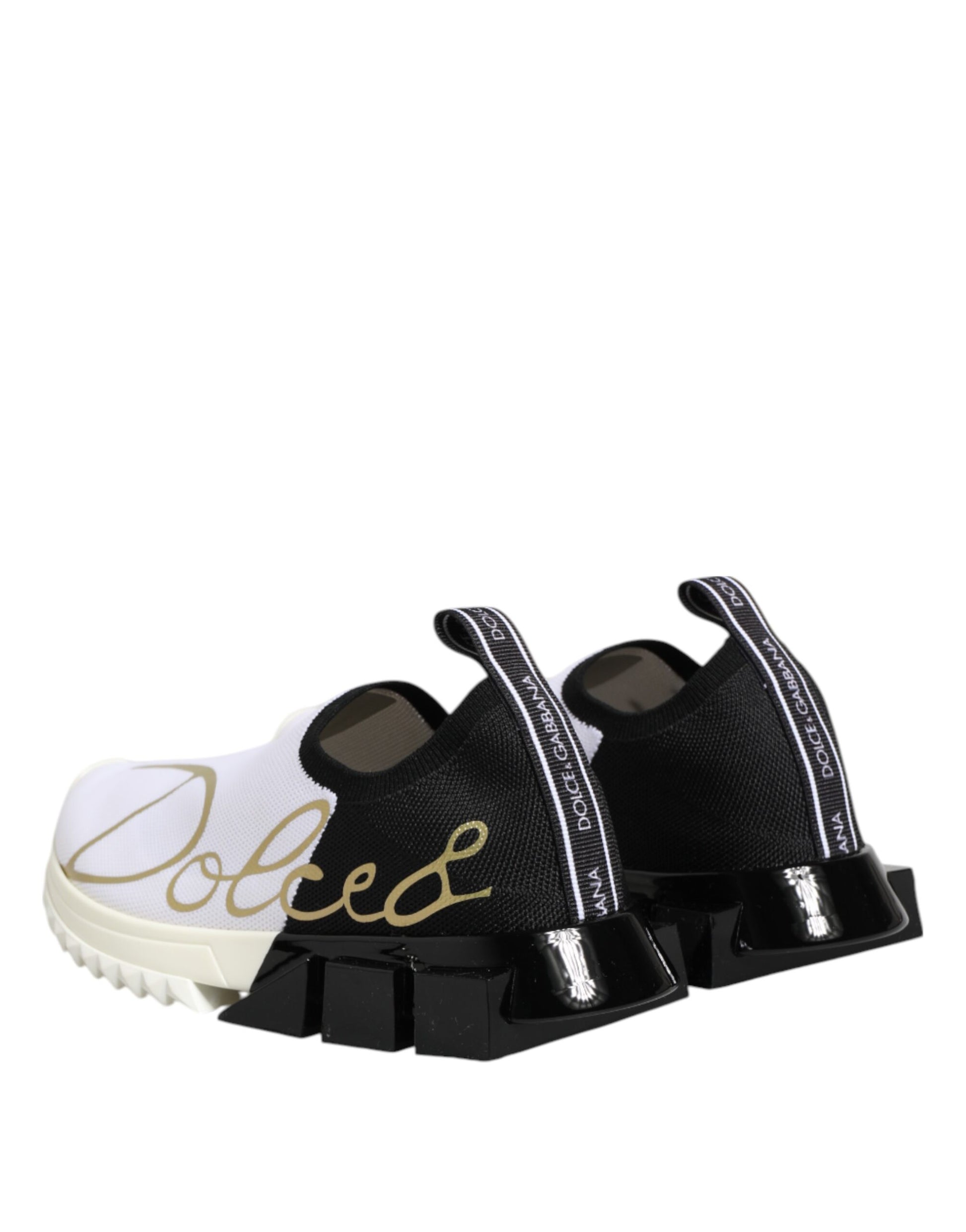 Black and white athletic shoe with gold lettering