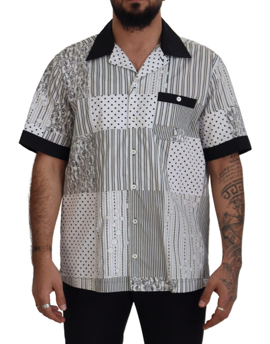 Man wearing a patterned shirt with black collar and pocket details
