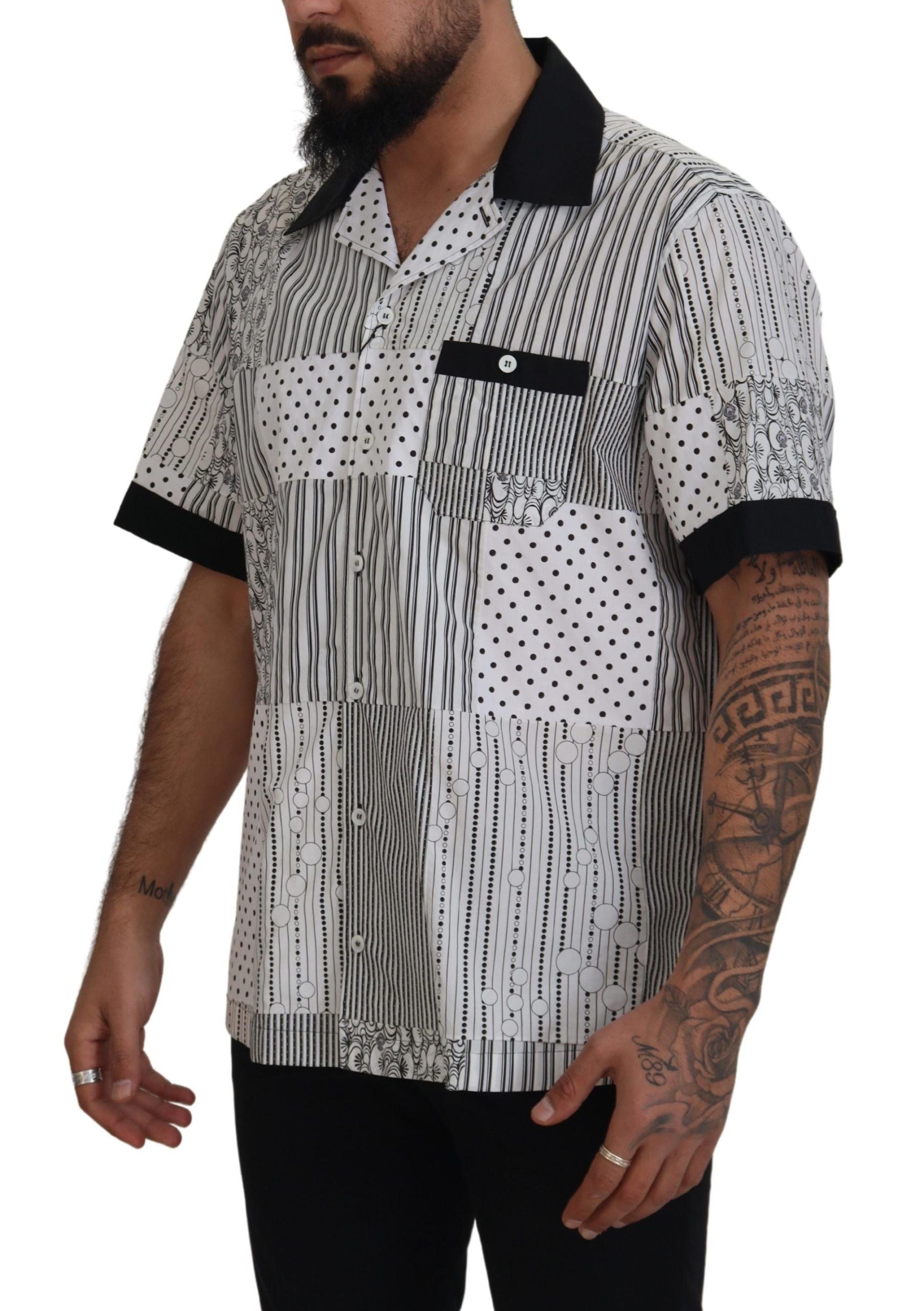 Man wearing patterned shirt with short sleeves