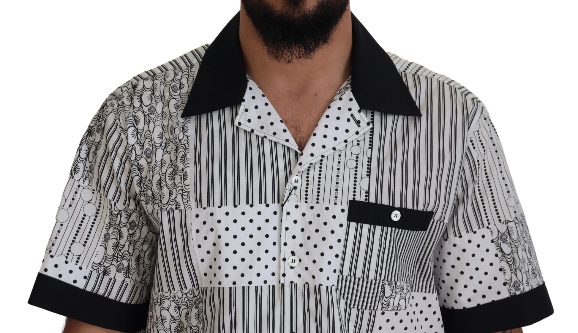 Man wearing patterned shirt with black collar and cuffs