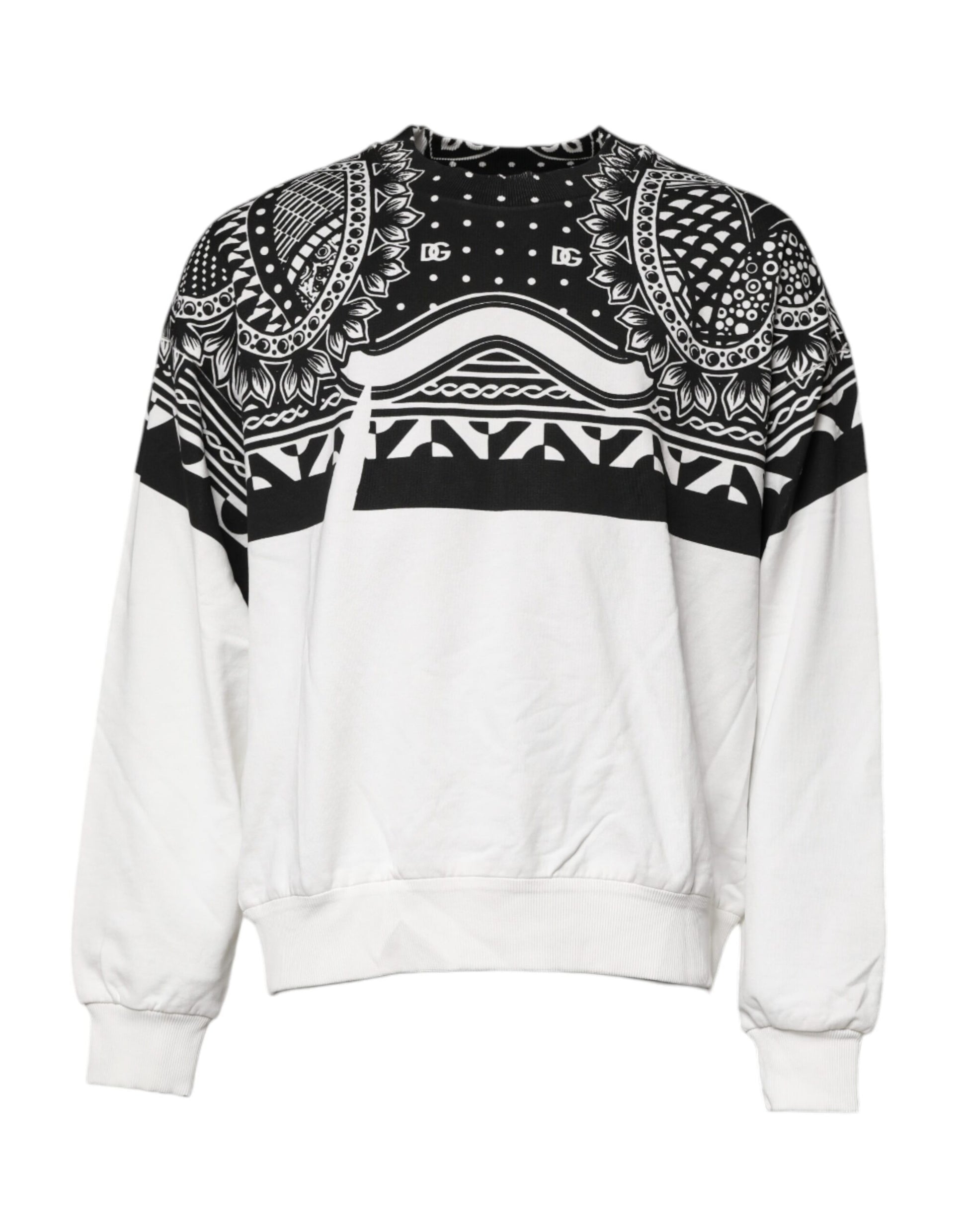Black and white sweater with geometric pattern on front