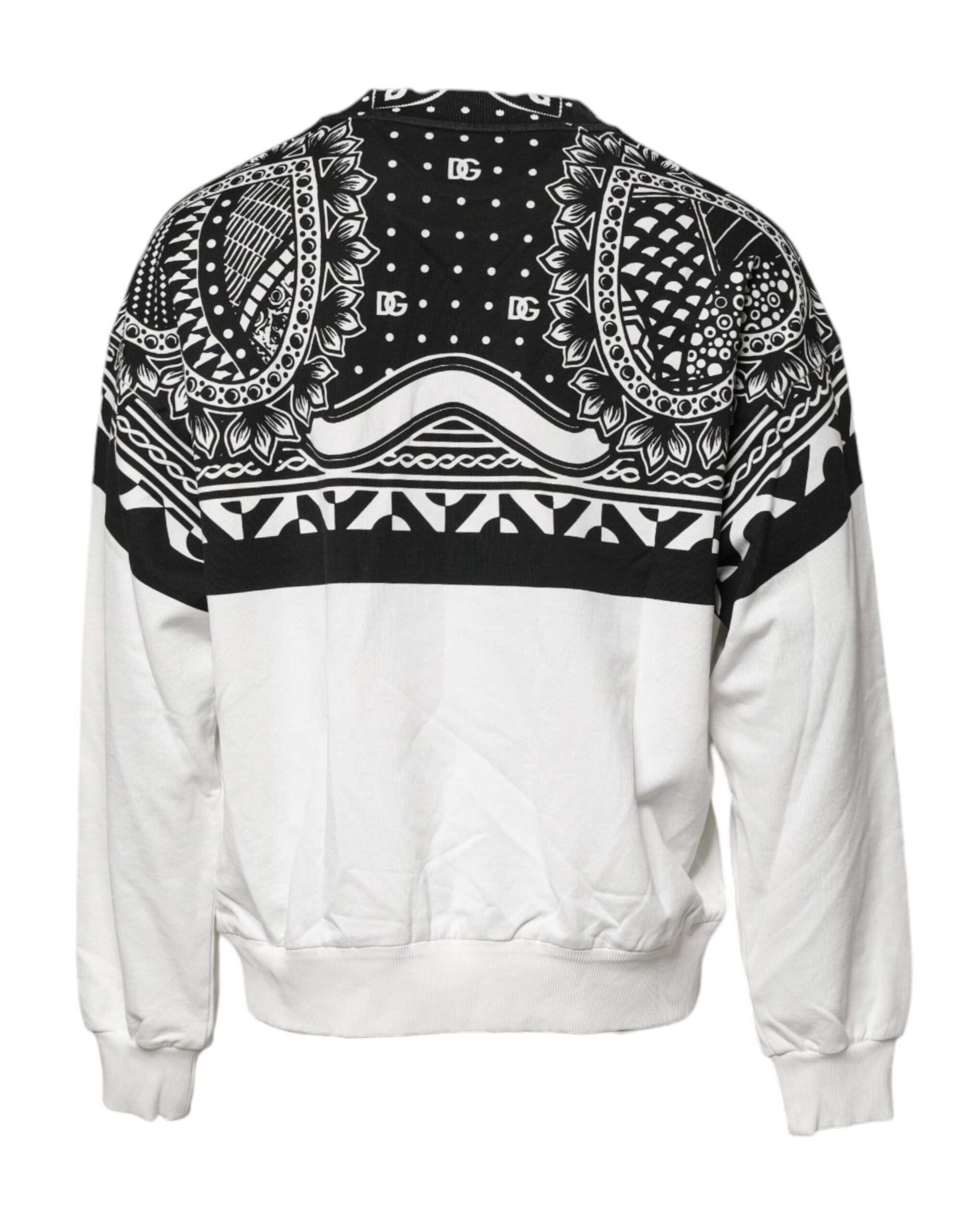 White sweater with black pattern on back