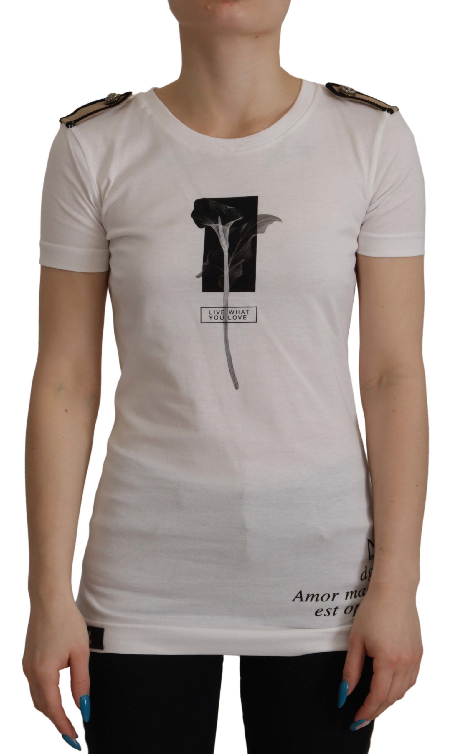 White t-shirt with black design on front