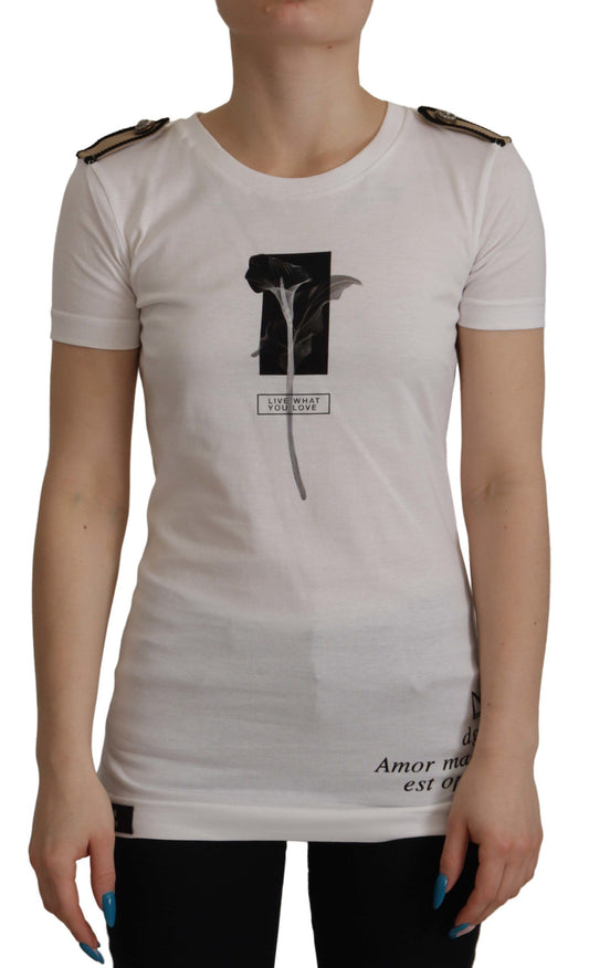 White t-shirt with black design on front