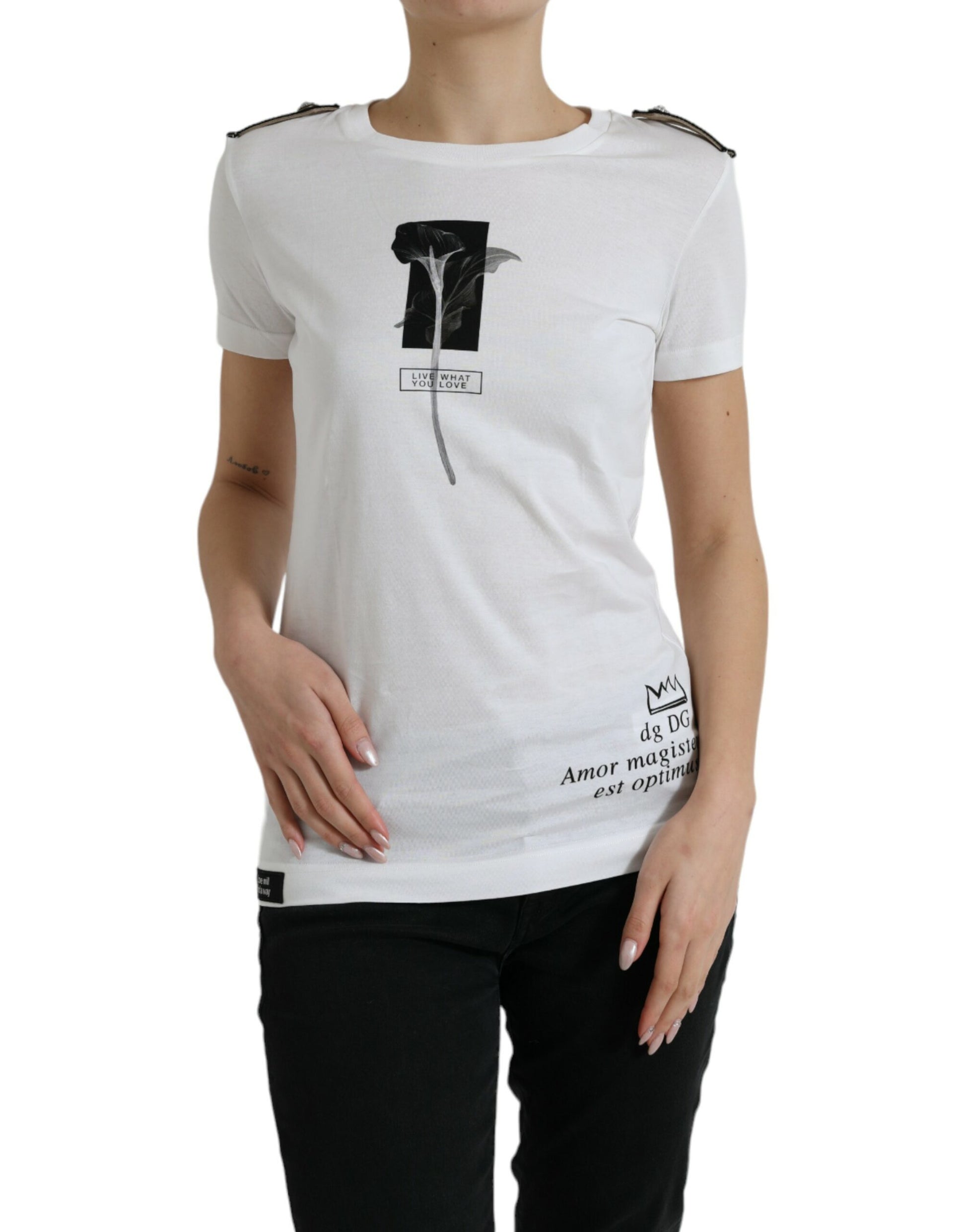 White t-shirt with black design on front