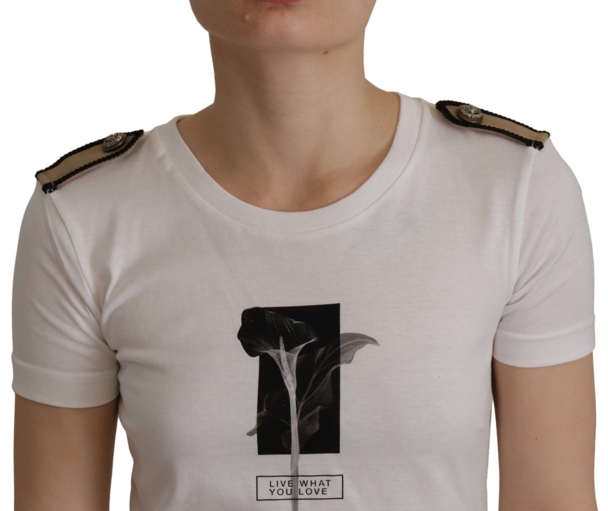 White t-shirt with black design on front