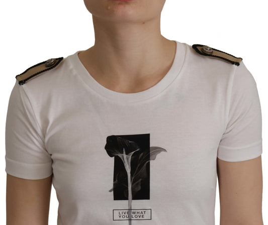 White t-shirt with black design on front