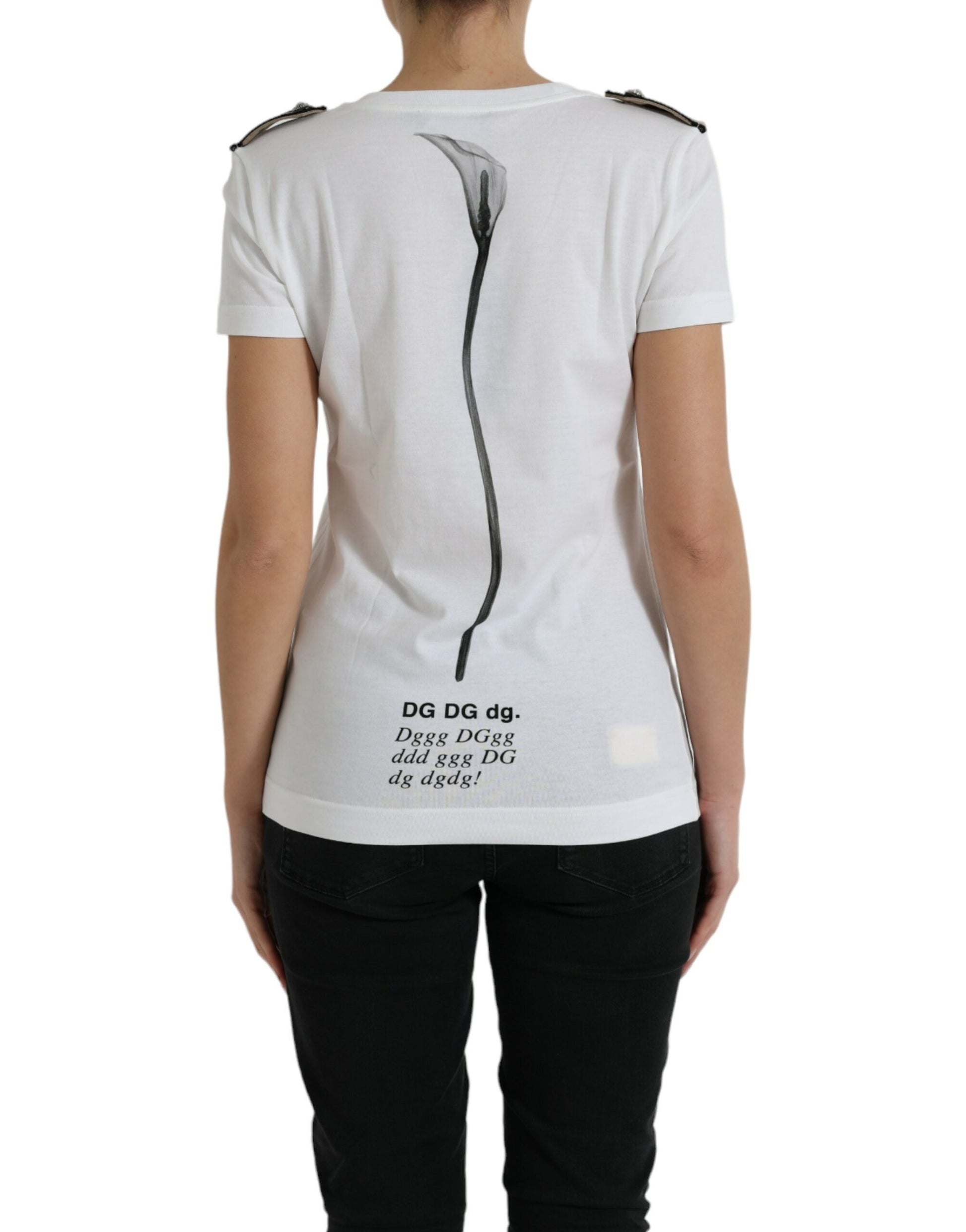 White t-shirt with black design on back