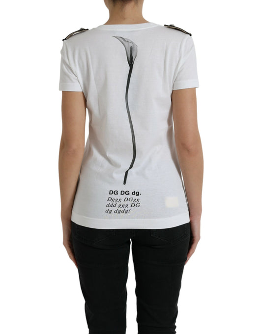 White t-shirt with black design on back