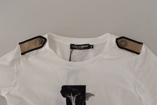 White shirt with embroidered emblem on front