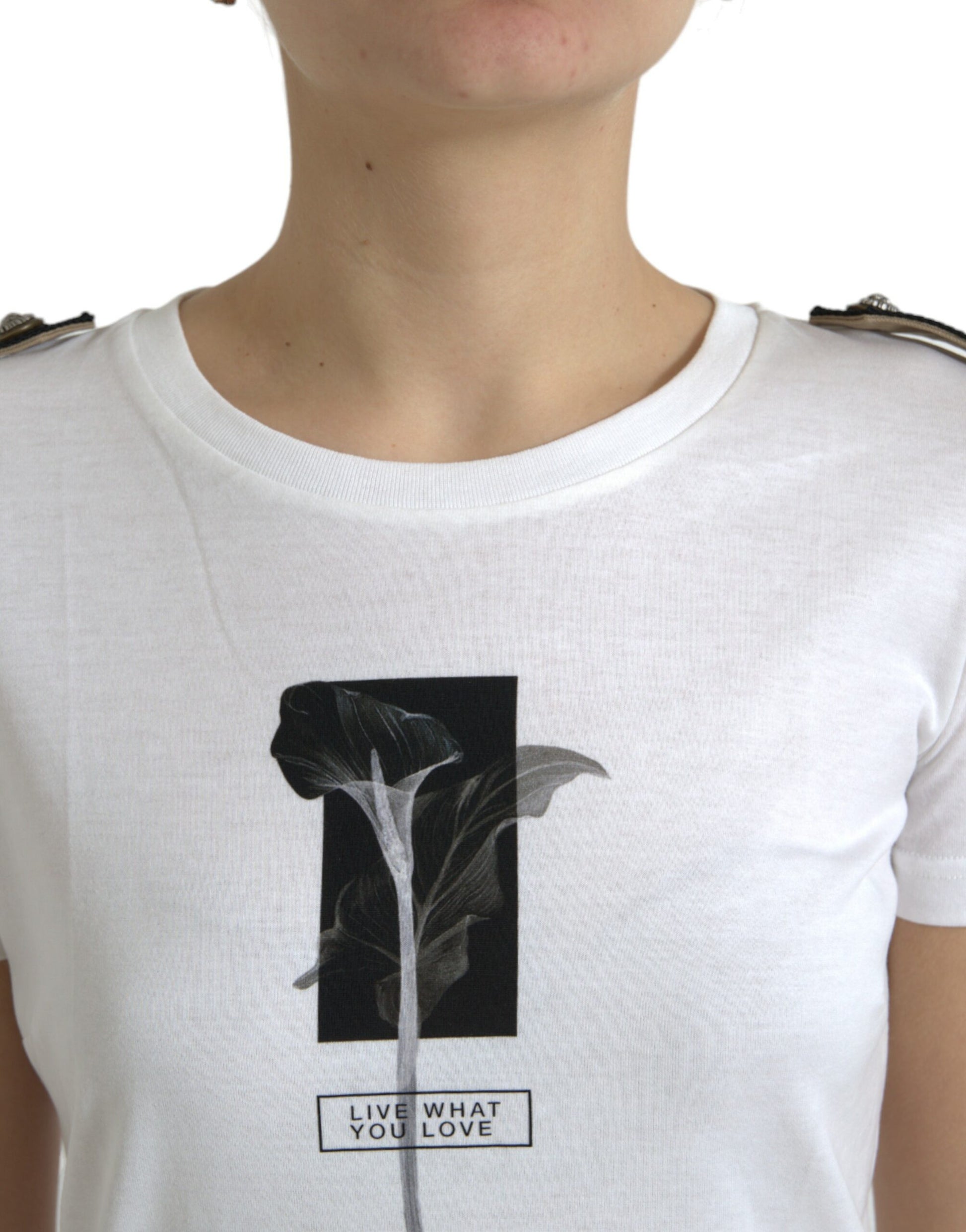 White t-shirt with black graphic design on front