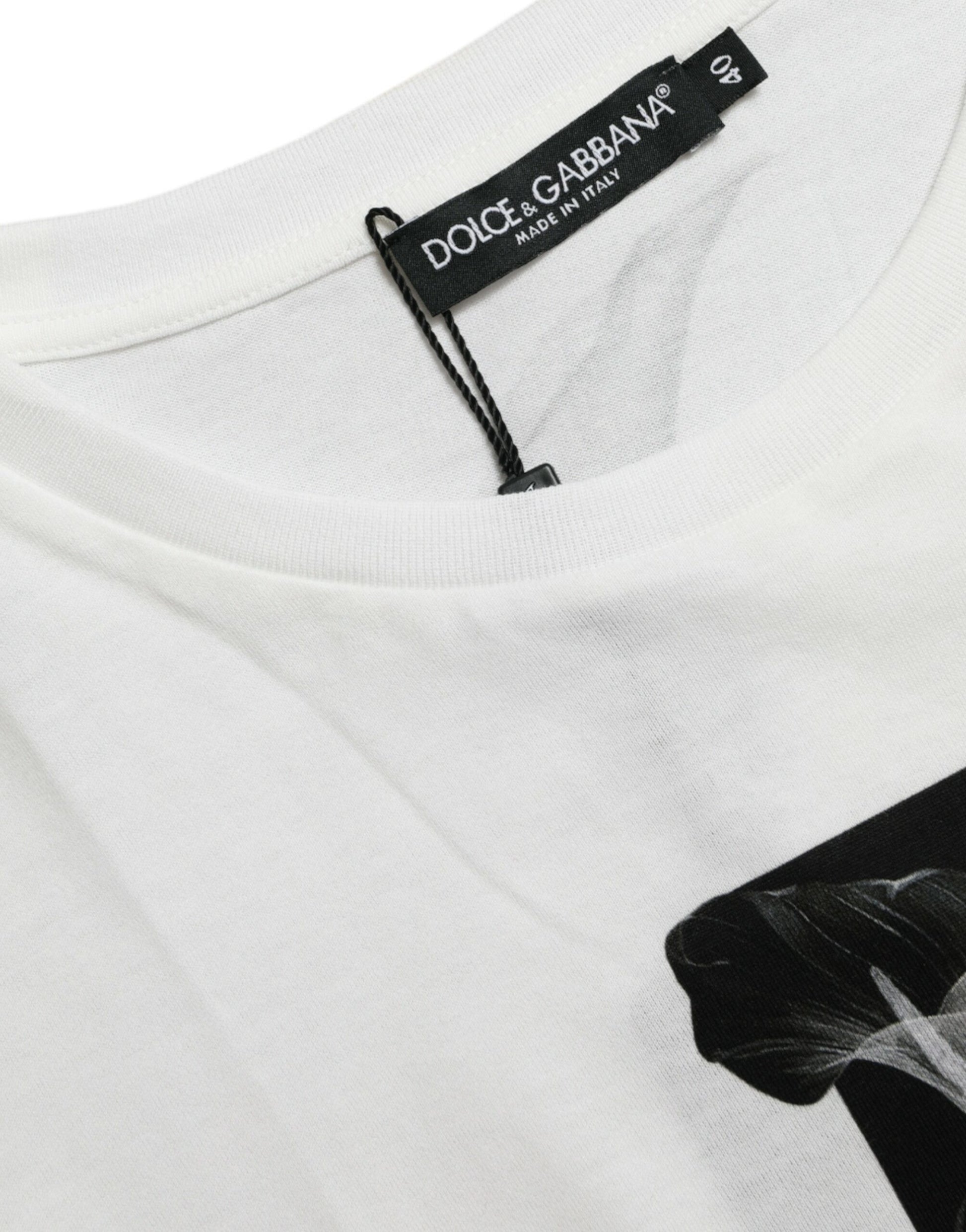White t-shirt with black logo tag