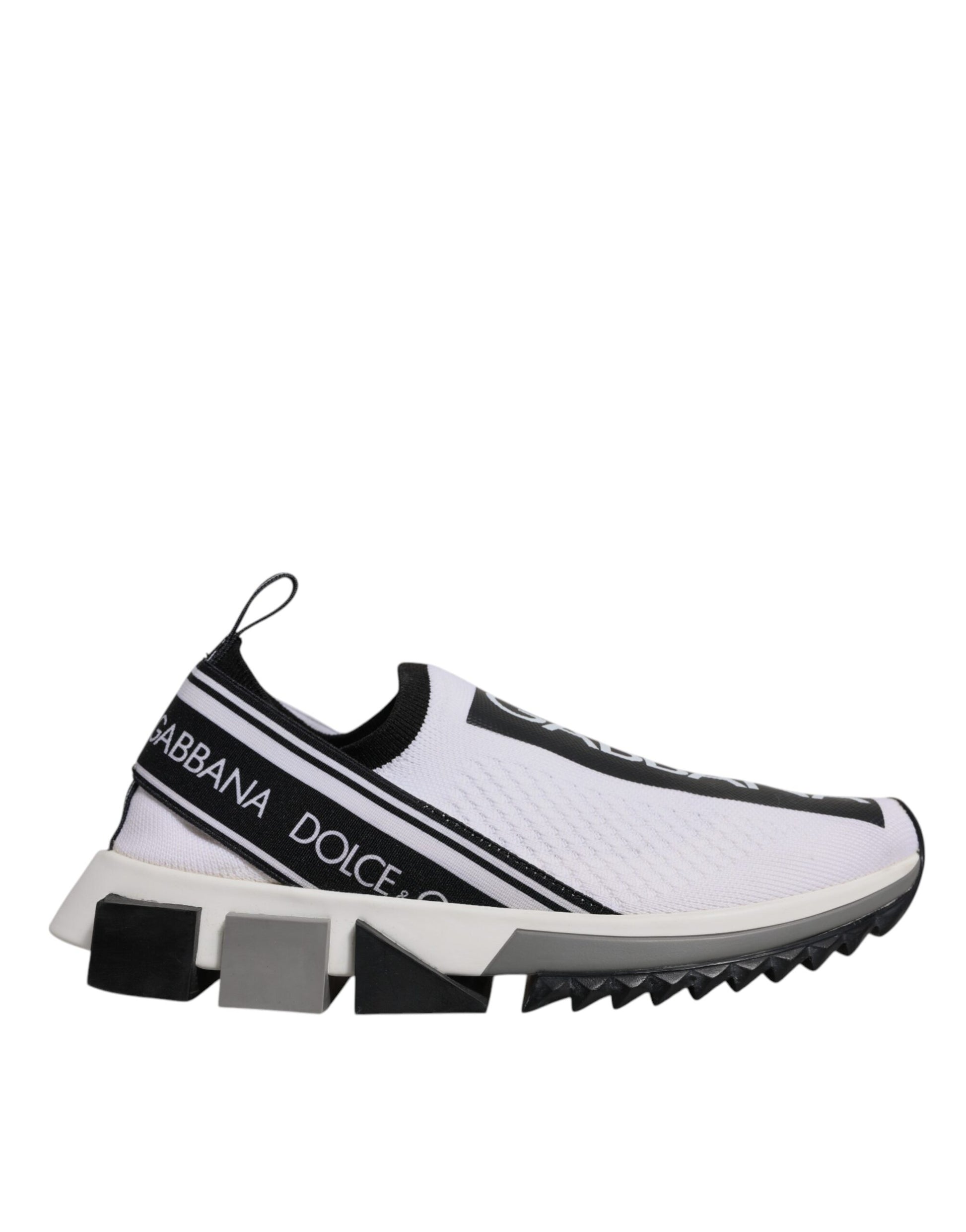 White sneaker with black stripes and logo on side