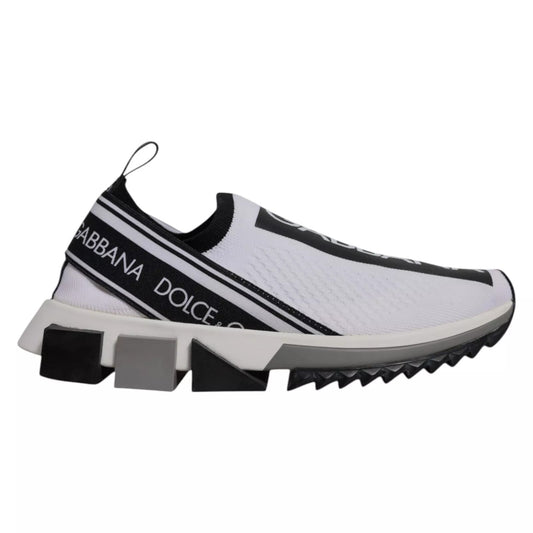 White sneaker with black stripes and logo on side