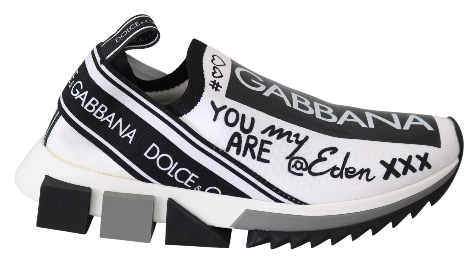 White sneaker with black and white text